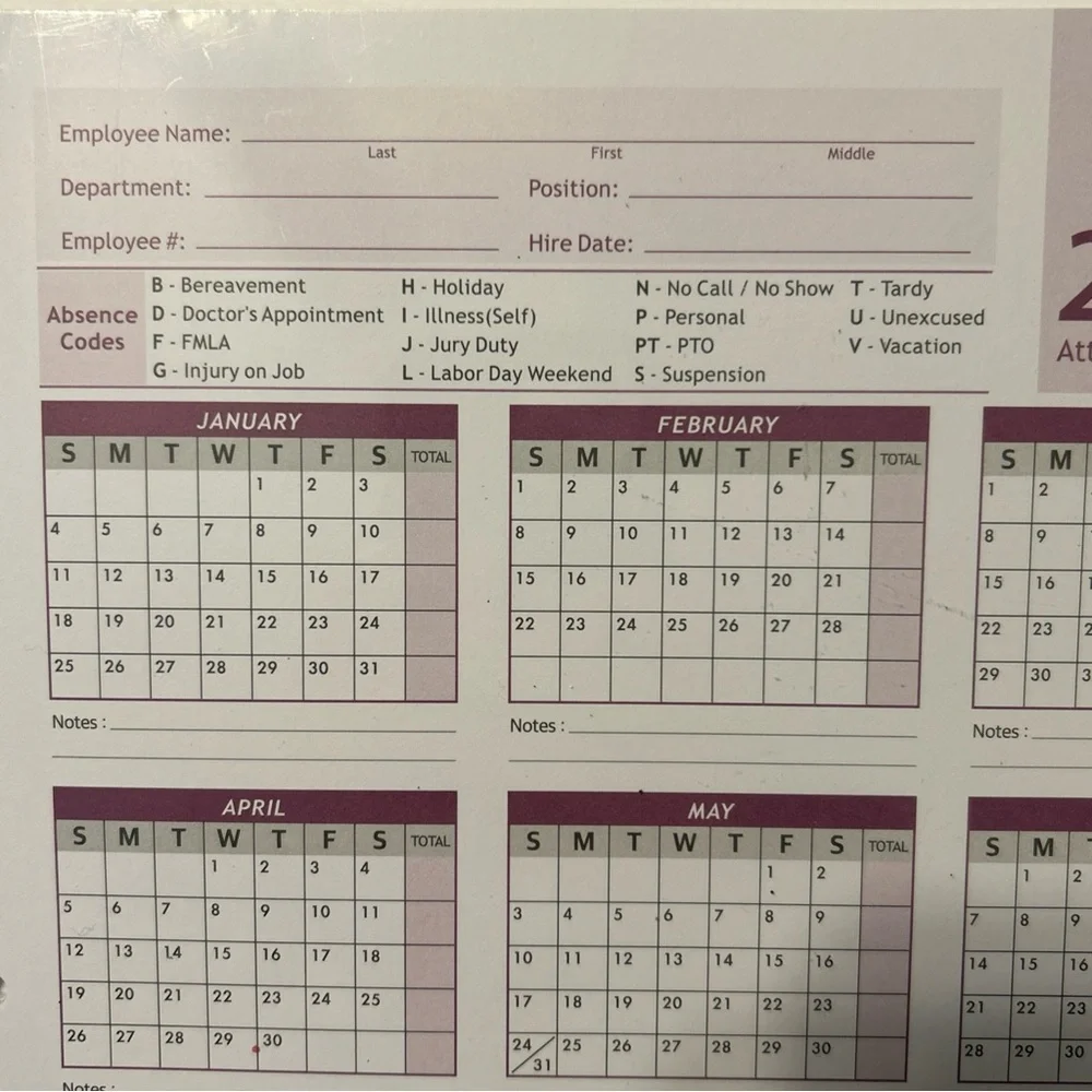 2026 Attendance Calendar Cards Record Tracker Employee (Pack of 25) 8.5 x 11 NEW